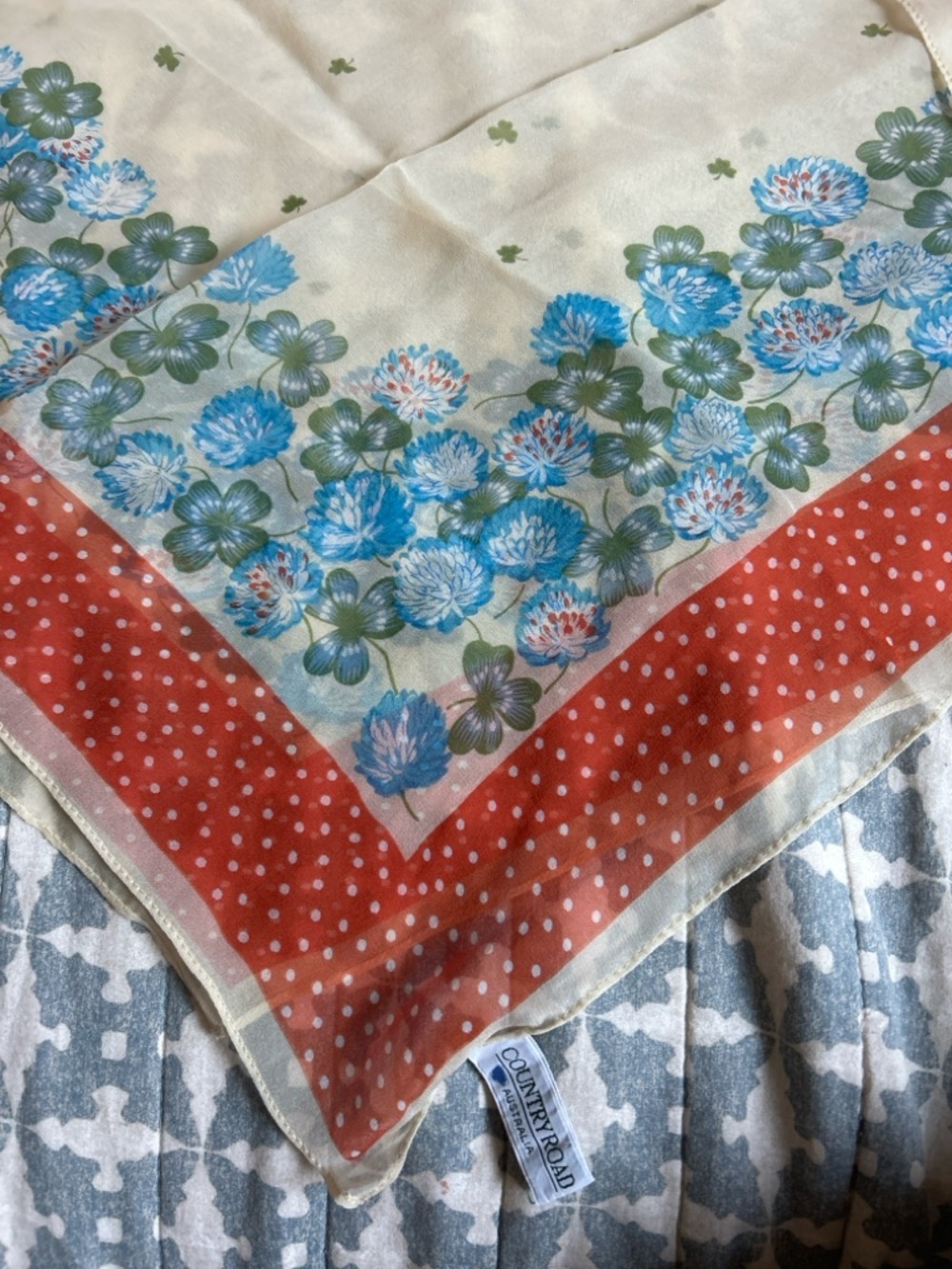 Vintage Country Road Blue Floral, Clover & Red Polka Dot Silk Scarf - Picture 5 of 5